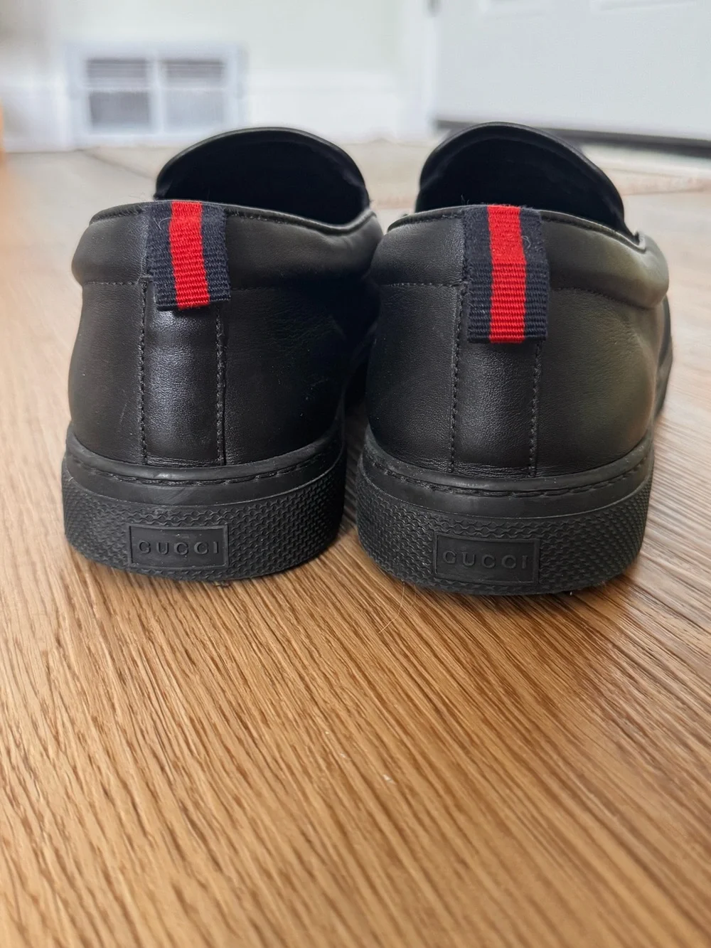 Gucci Black Monogram Slip-On Loafers with Red & Blue Heel Tab